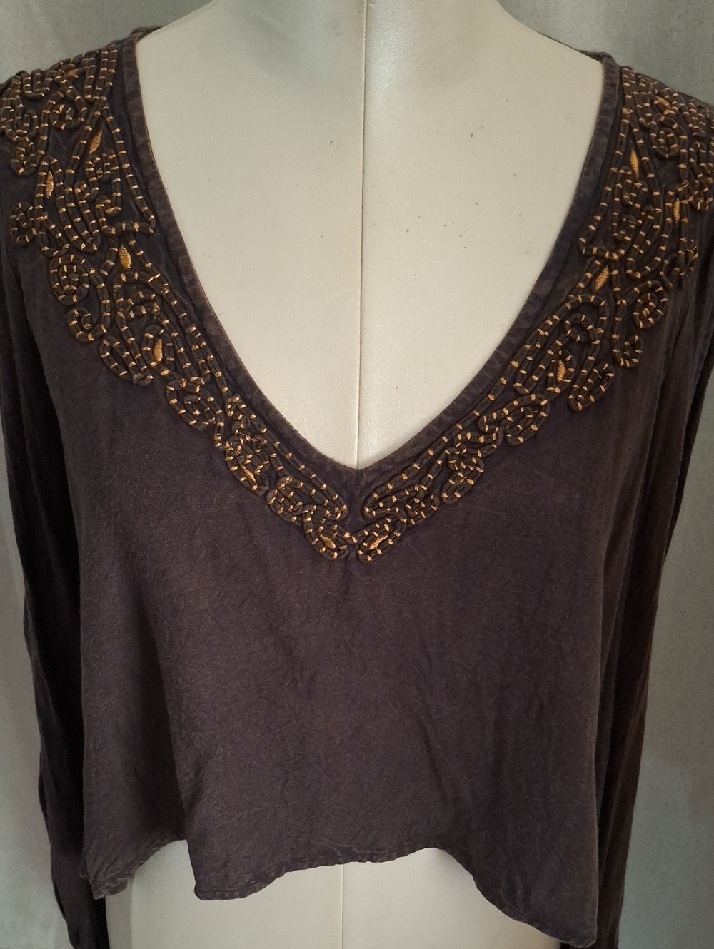 Ecoté Embroydered V-Neck Boho Women’s Top - Brown Sz Sm